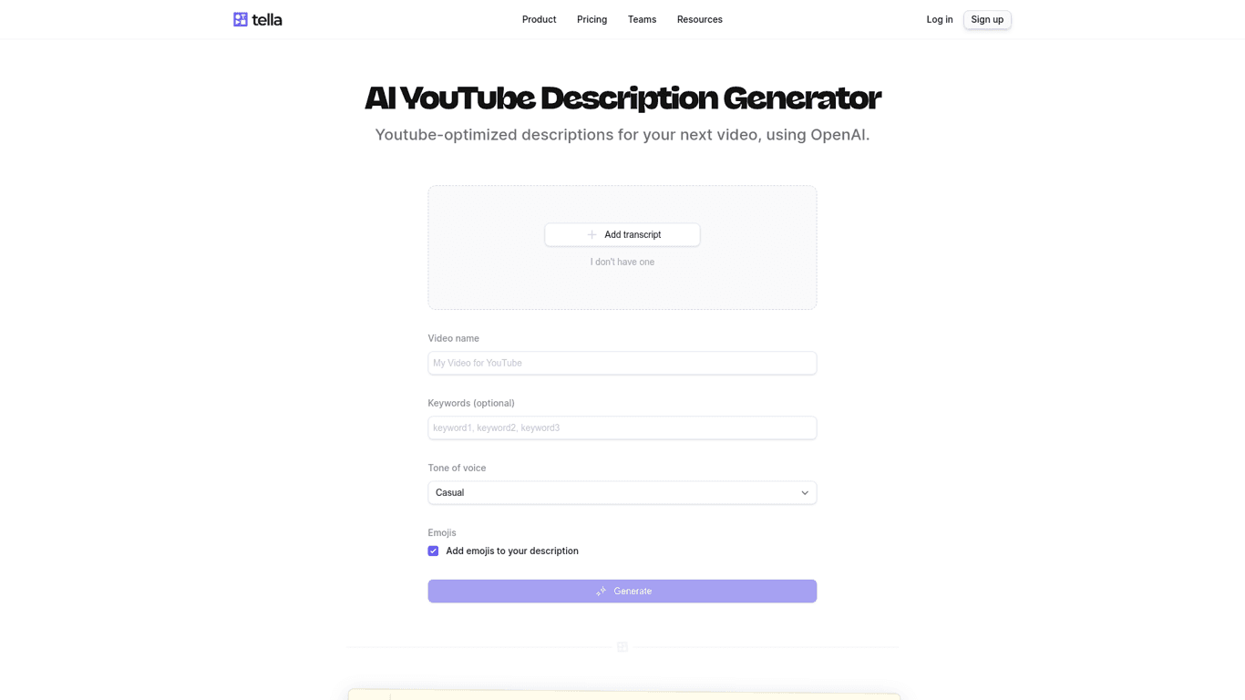 AI YouTube Description Generator landing page screenshot