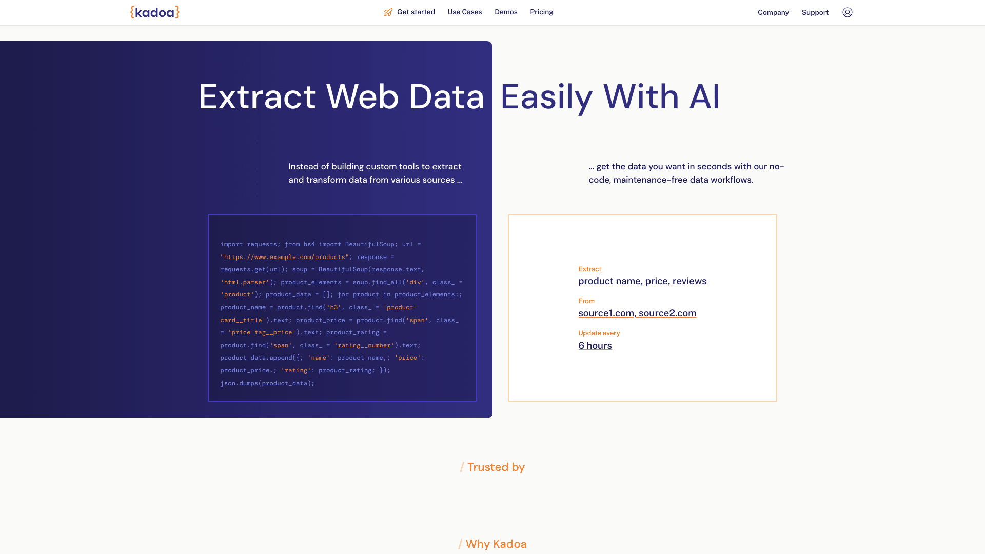Kadoa landing page screenshot