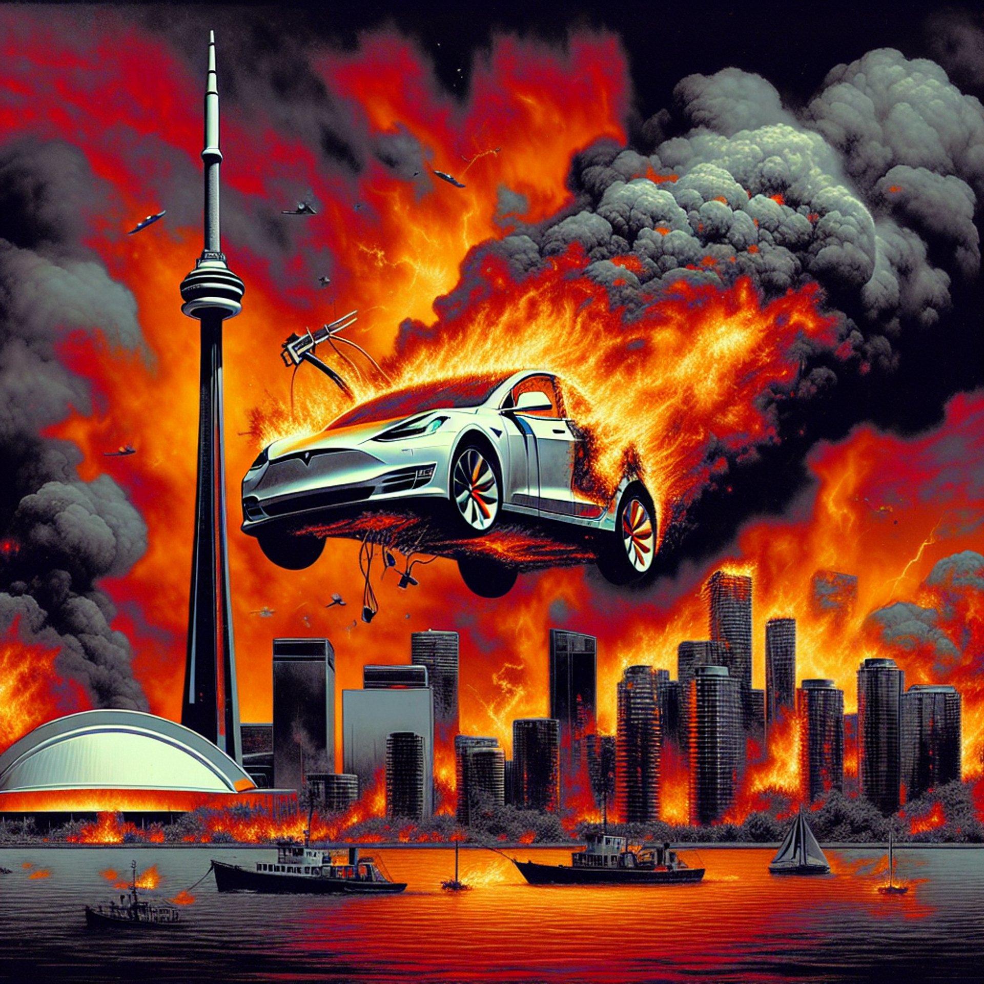 Banner for Fiery Politics: Tesla Model S Torched in Ontario Amidst Rising Political Tensions