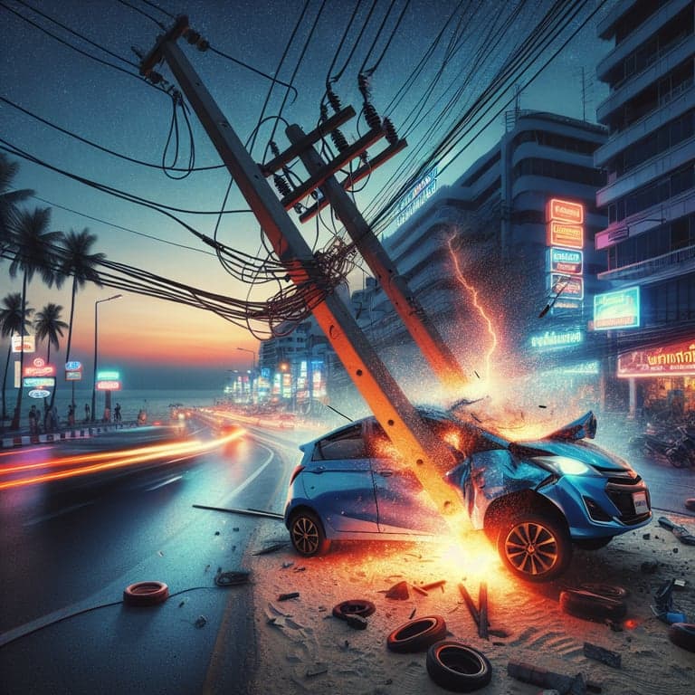 Banner for Tesla Takes Down Power Pole in Pattaya: Chaos in the Early Hours!