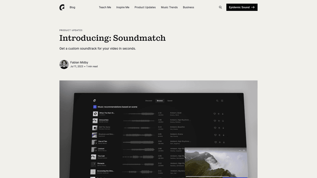 Epidemic Sound Soundmatch landing page screenshot