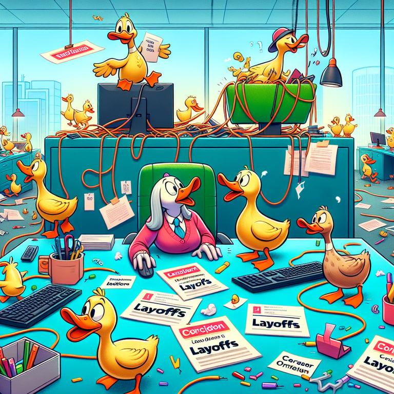 Banner for Duck-tastrophe at Stripe: Cartoon Mishap in Employee Layoff Emails!