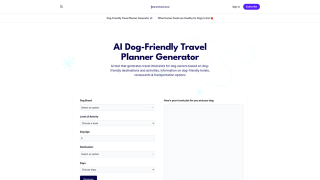 Thumbnail image for AI Dog-Friendly Travel Planner Generator | Pawmenow