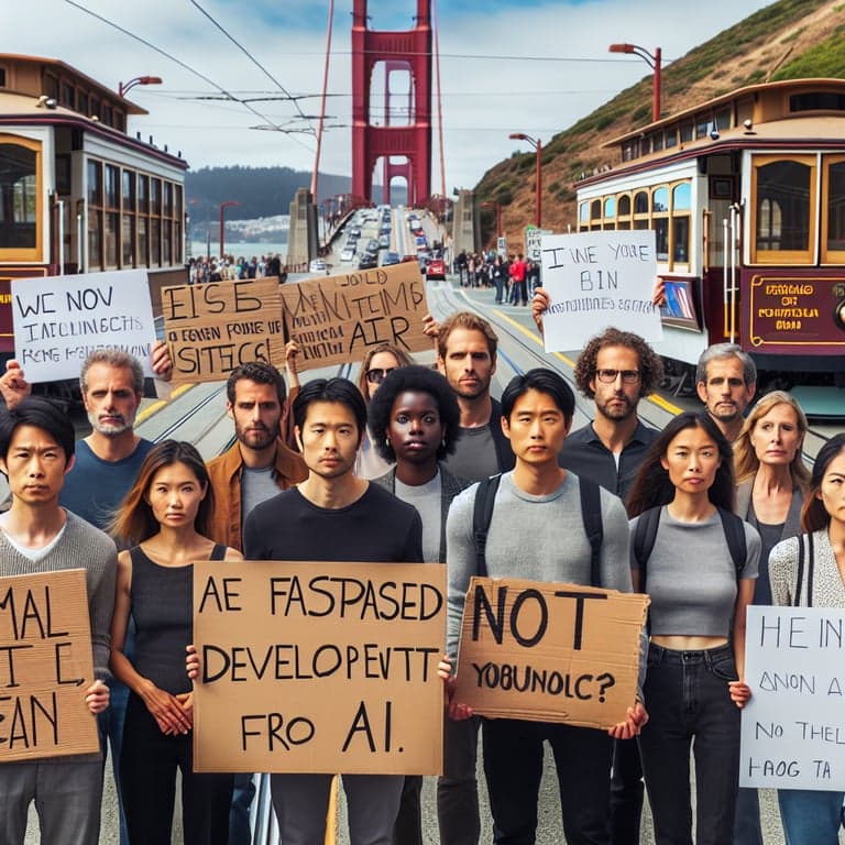 Banner for San Francisco Protesters Demand a Pause in the AI Race!