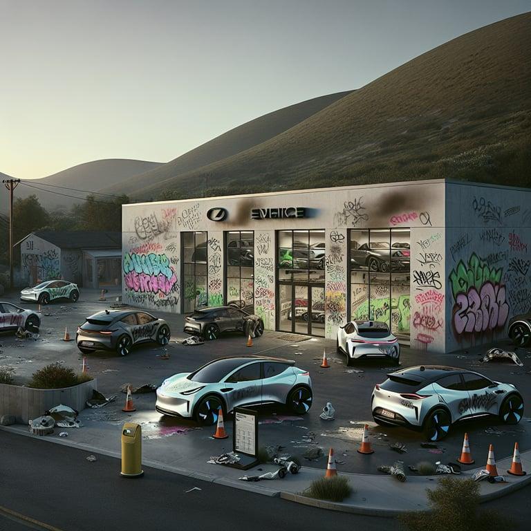 Banner for Vandals Target Mesa Tesla Dealership with Misspelled Graffiti and Fire