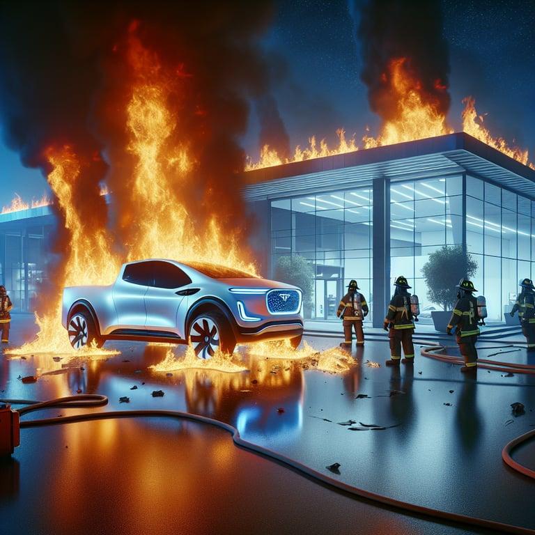 Banner for Fiery Incident at Tesla Dealership: Electric Truck Goes Up in Flames!