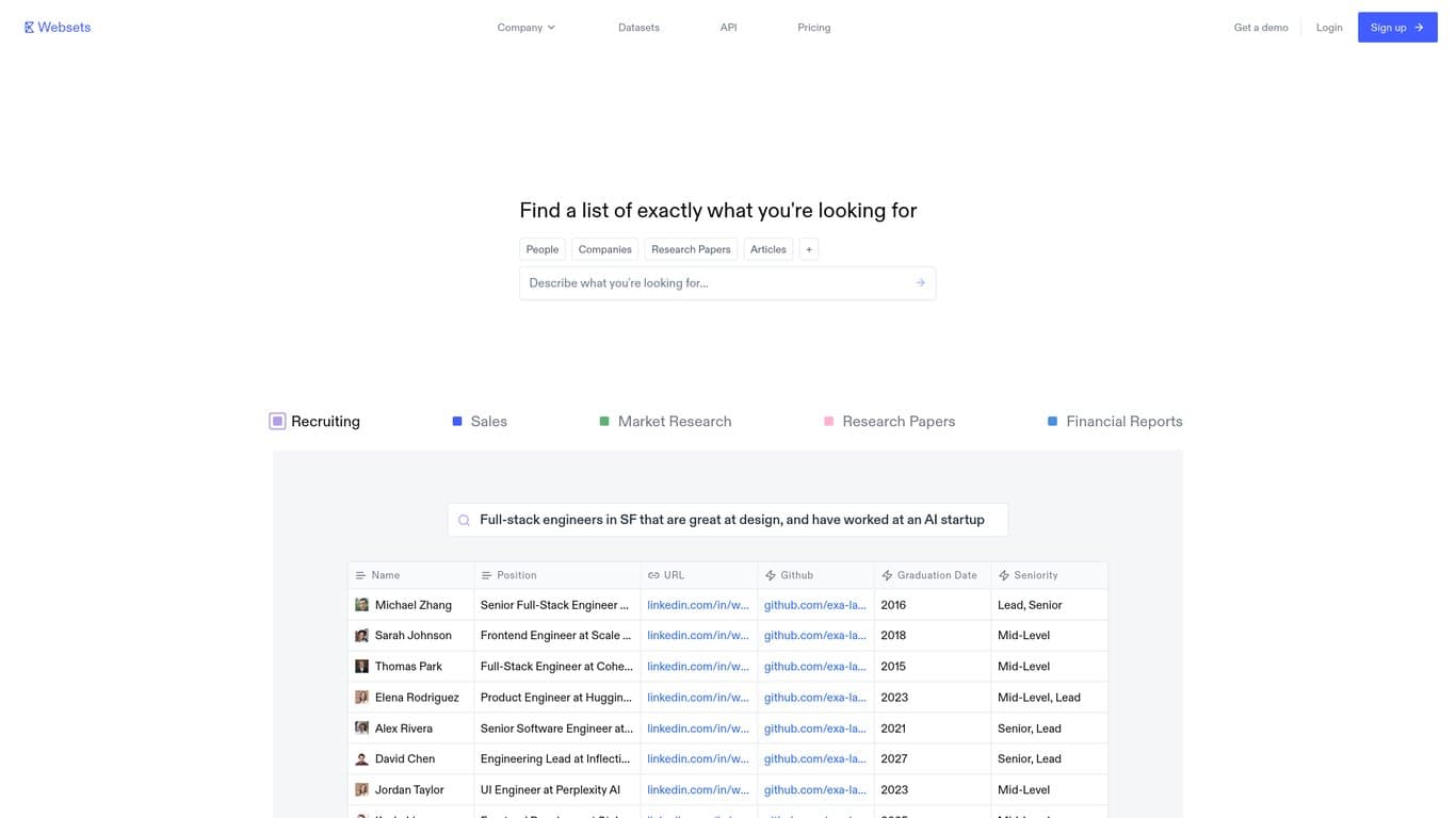 Exa Websets screenshot
