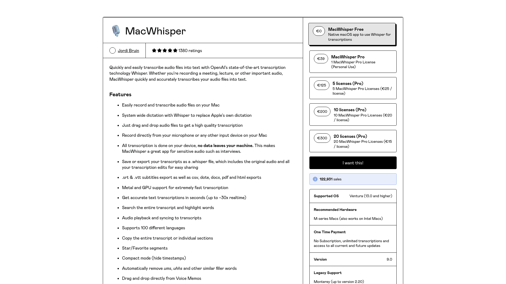 Macwhisper landing page screenshot