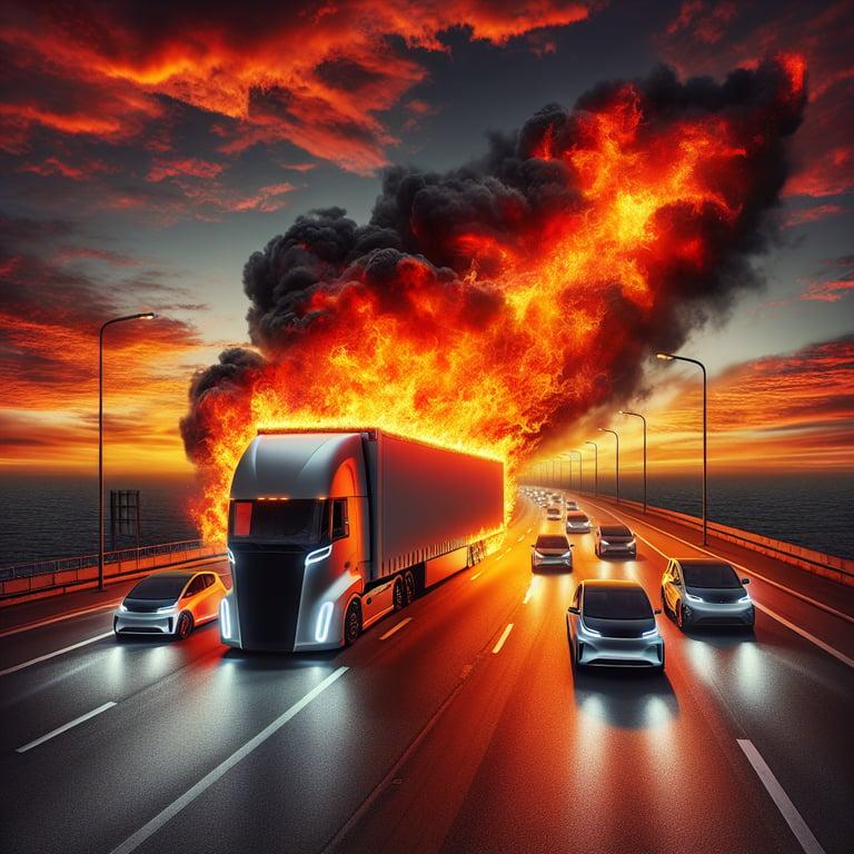 Banner for Fiery Inferno on I-5: Tesla Car Hauler Engulfed in Flames