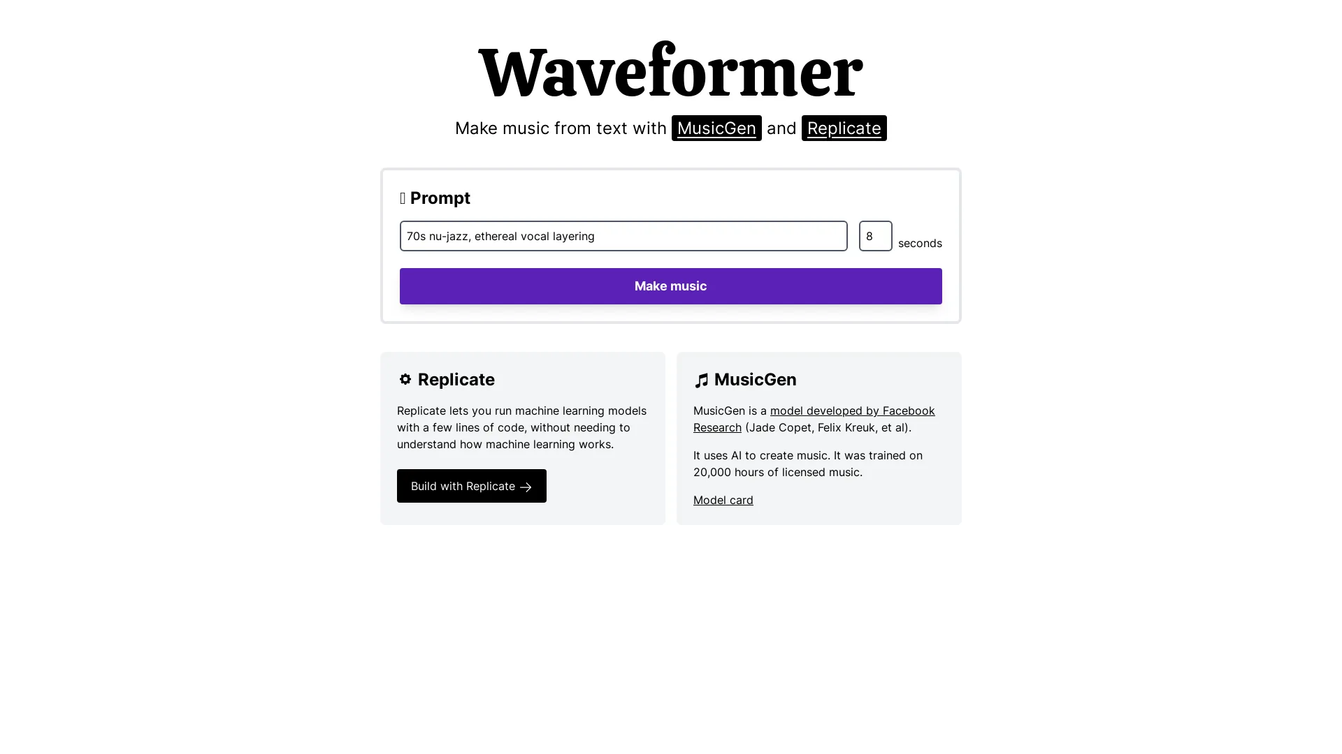 Waveformer AI musica (free): interfaccia pagina iniziale